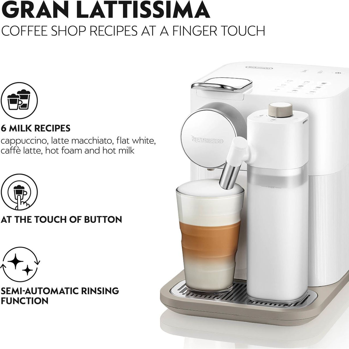 Nespresso by De'Longhi Gran Lattissima EN640.W Pod Coffee Machine with Milk Frother - White