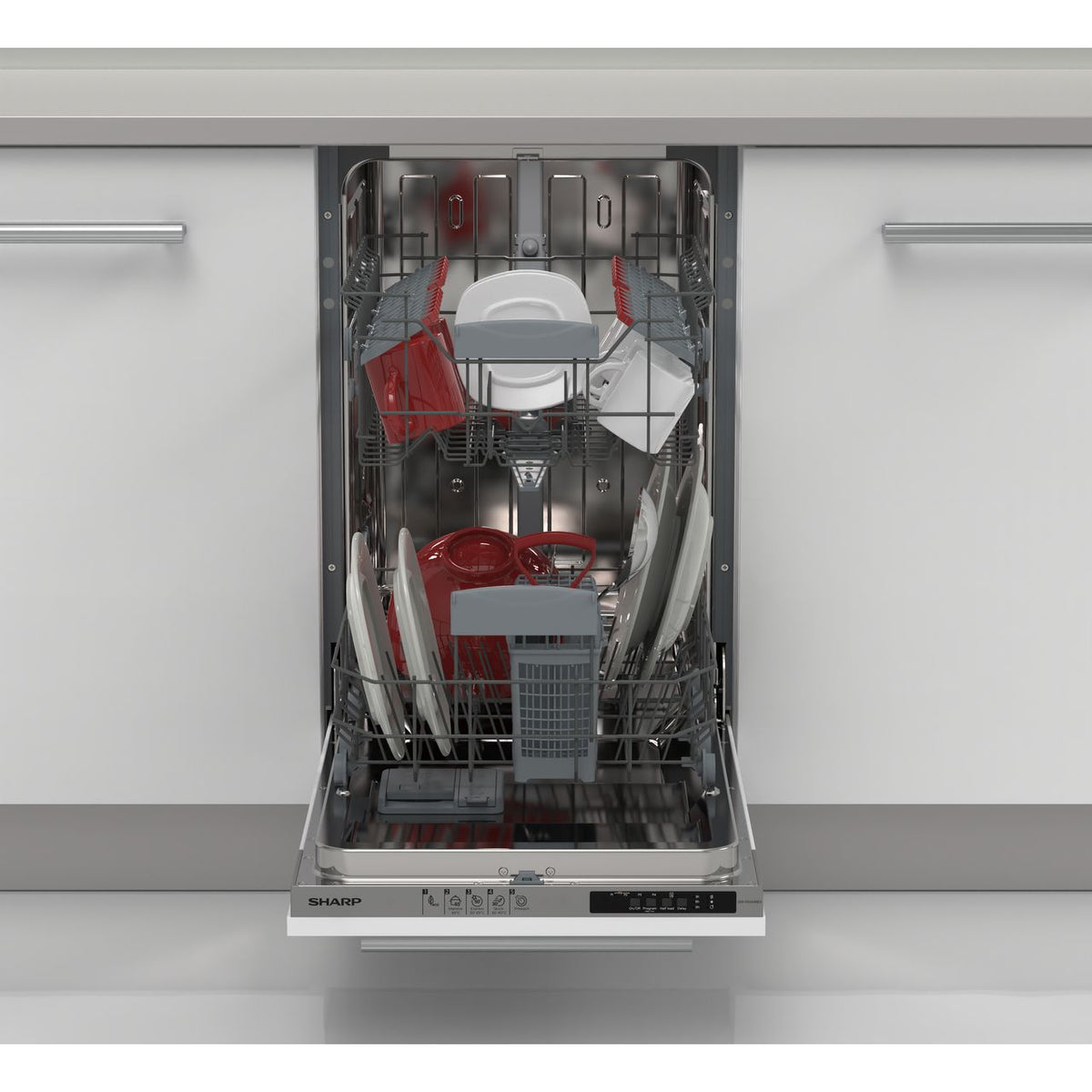 Sharp QW-NS14I49EX-EN Fully Integrated Slimline Dishwasher - Silver Control Panel with Fixed Door Fixing Kit - E Rated