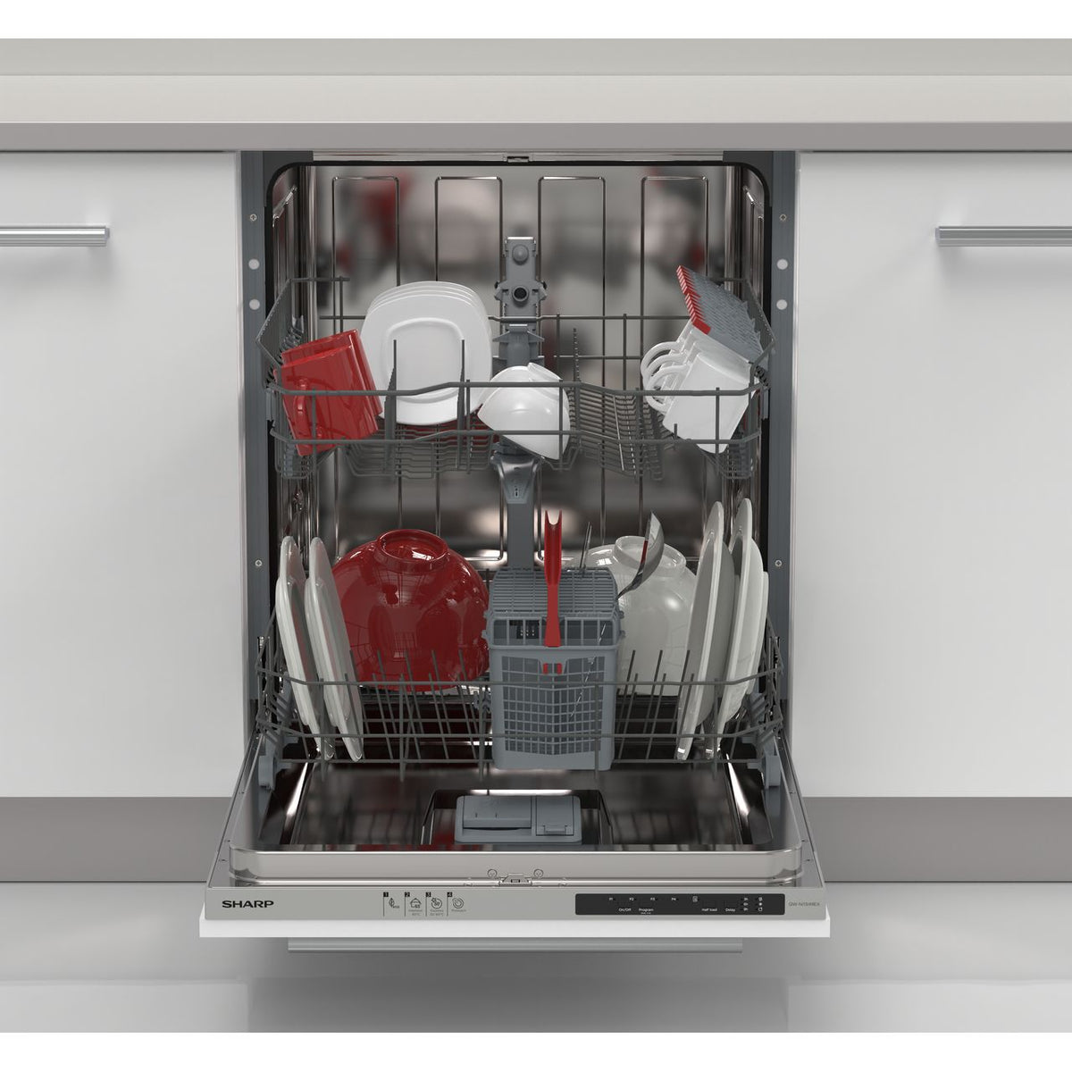 Sharp QW-NI13I49EX-EN Fully Integrated Standard Dishwasher - Silver Control Panel with Fixed Door Fixing Kit - E Rated