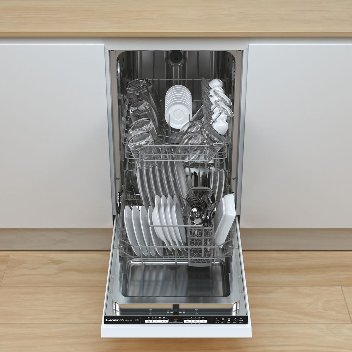 Candy Brava CMIH1L949 Fully Integrated Slimline Dishwasher - Black Control Panel with Fixed Door Fixing Kit - F Rated