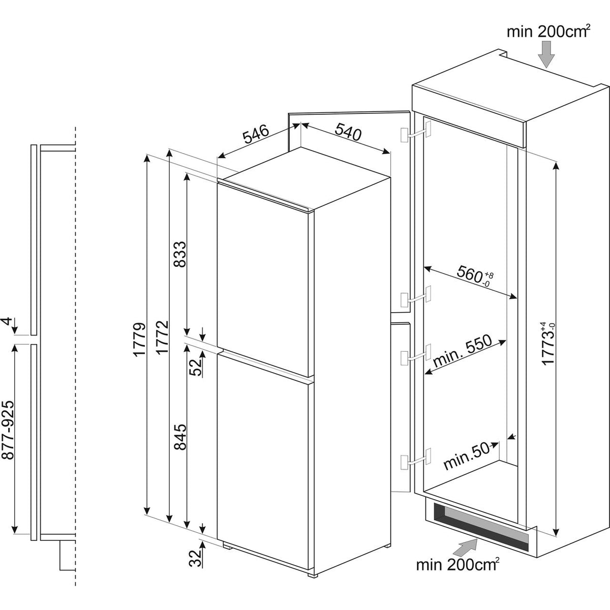 Smeg UKC8174NF Integrated 50-50 Frost Free Fridge Freezer with Sliding Door Fixing Kit - White - F Rated