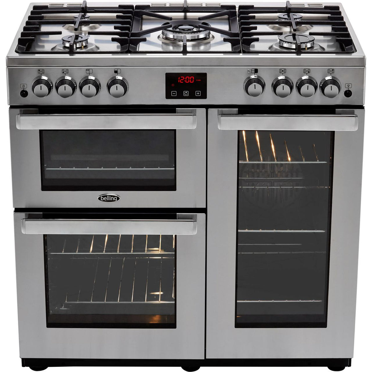 Belling CookcentreX90GProf 90cm Gas Range Cooker with Electric Fan Oven - Stainless Steel - A-A Rated