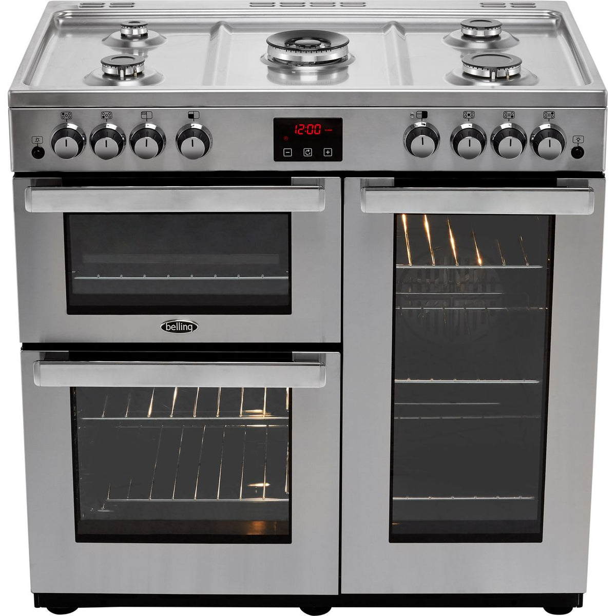 Belling CookcentreX90GProf 90cm Gas Range Cooker with Electric Fan Oven - Stainless Steel - A-A Rated