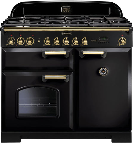 Rangemaster Classic Deluxe CDL100DFFBL-B 100cm Dual Fuel Range Cooker - Black - Brass - A-A Rated