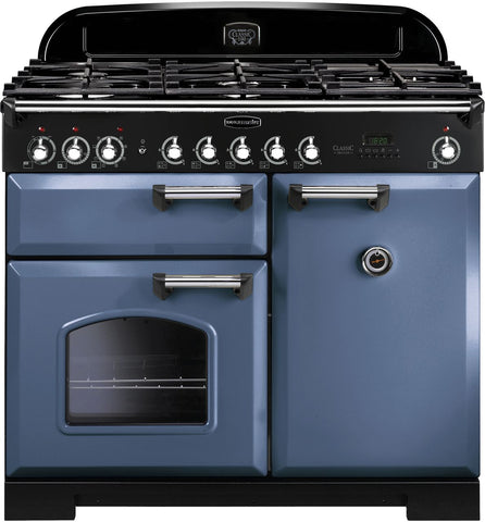 Rangemaster Classic Deluxe CDL100DFFSB-C 100cm Dual Fuel Range Cooker - Stone Blue - Chrome - A-A Rated