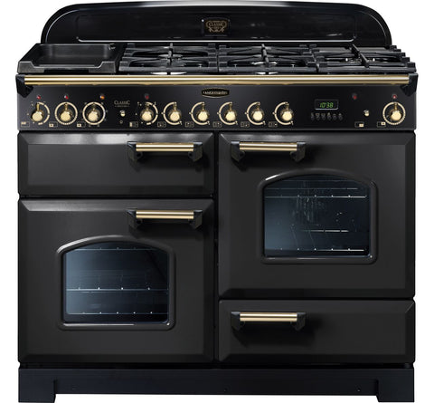 Rangemaster Classic Deluxe CDL110DFFCB-B 110cm Dual Fuel Range Cooker - Charcoal Black - Brass - A-A Rated