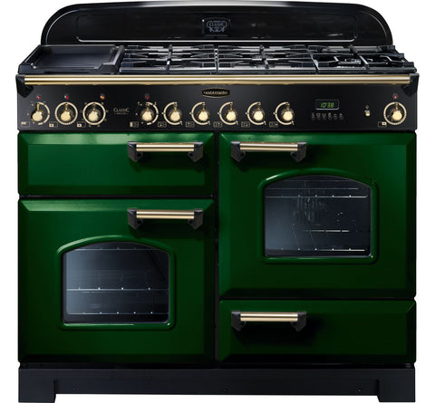 Rangemaster Classic Deluxe CDL110DFFRG-B 110cm Dual Fuel Range Cooker - Racing Green - Brass - A-A Rated