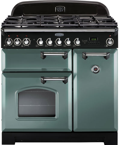 Rangemaster Classic Deluxe CDL90DFFMG-C 90cm Dual Fuel Range Cooker - Mineral Green - Chrome - A-A Rated