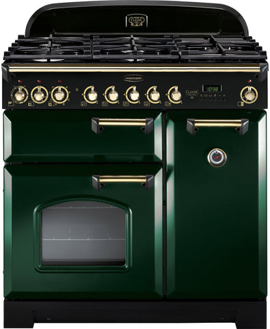 Rangemaster Classic Deluxe CDL90DFFRG-B 90cm Dual Fuel Range Cooker - Racing Green - Brass - A-A Rated