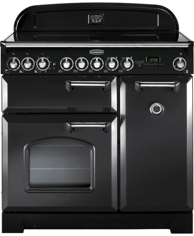 Rangemaster Classic Deluxe CDL90ECCB-C 90cm Electric Range Cooker with Ceramic Hob - Charcoal Black - Chrome - A-A Rated