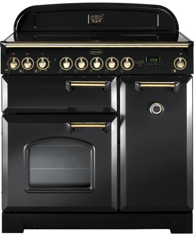 Rangemaster Classic Deluxe CDL90EICB-B 90cm Electric Range Cooker with Induction Hob - Charcoal Black - Brass - A-A Rated