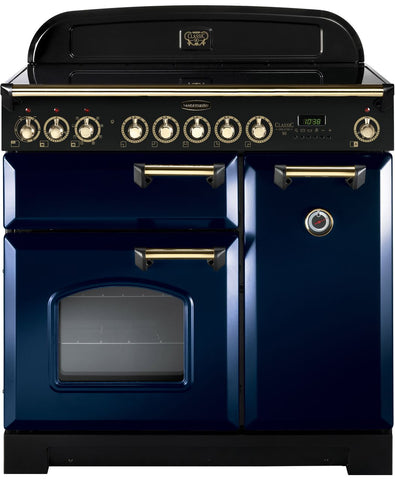 Rangemaster Classic Deluxe CDL90EIRB-B 90cm Electric Range Cooker with Induction Hob - Regal Blue - Brass - A-A Rated