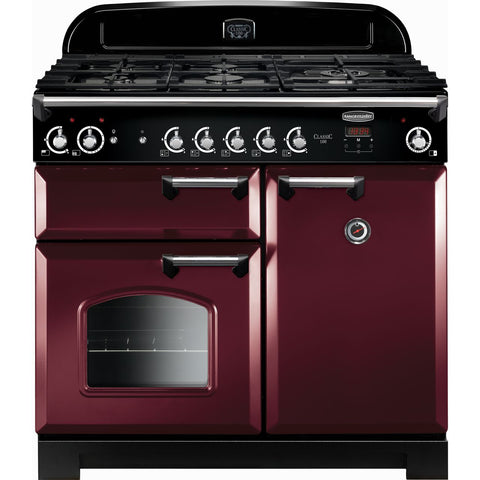 Rangemaster Classic CLA100NGFCY-C 100cm Gas Range Cooker with Electric Fan Oven - Cranberry - Chrome - A+-A Rated