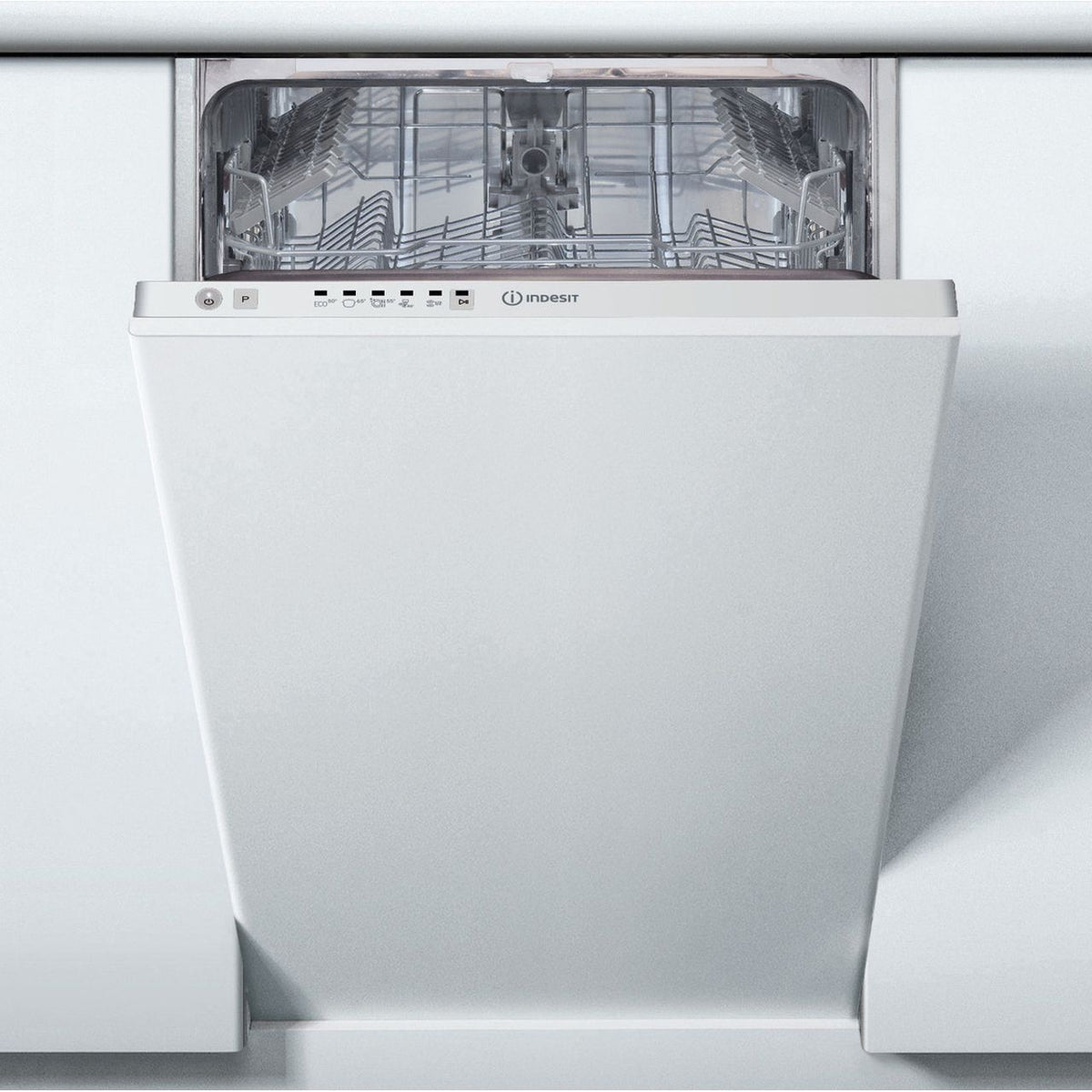 Indesit DSIE2B10UKN Fully Integrated Slimline Dishwasher - White Control Panel with Fixed Door Fixing Kit - F Rated