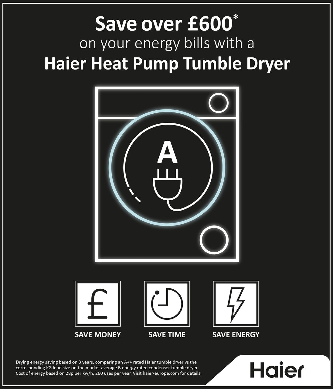 Haier i-Pro Series 7 HD90-A2979 9Kg Heat Pump Tumble Dryer - White - A++ Rated