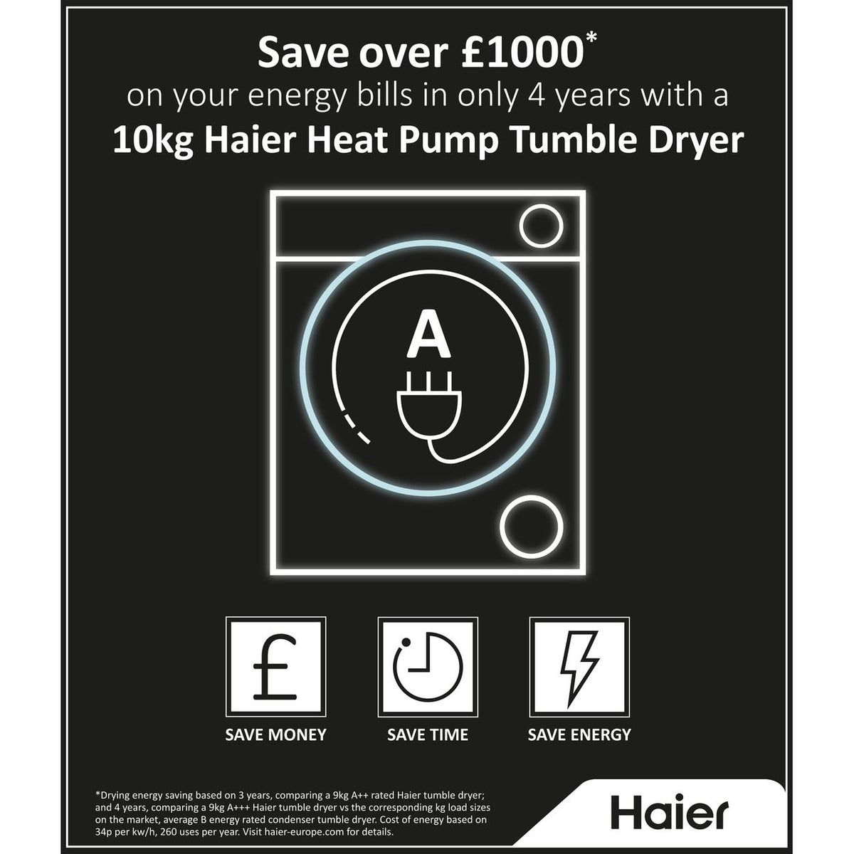 Haier i-Pro Series 3 HD90-A2939 9Kg Heat Pump Tumble Dryer - White - A++ Rated