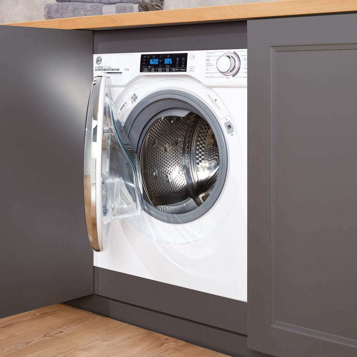 Hoover H-WASH 300 PRO HBWOS69TMCE Integrated 9kg Washing Machine with 1600 rpm - White - Chrome - B Rated