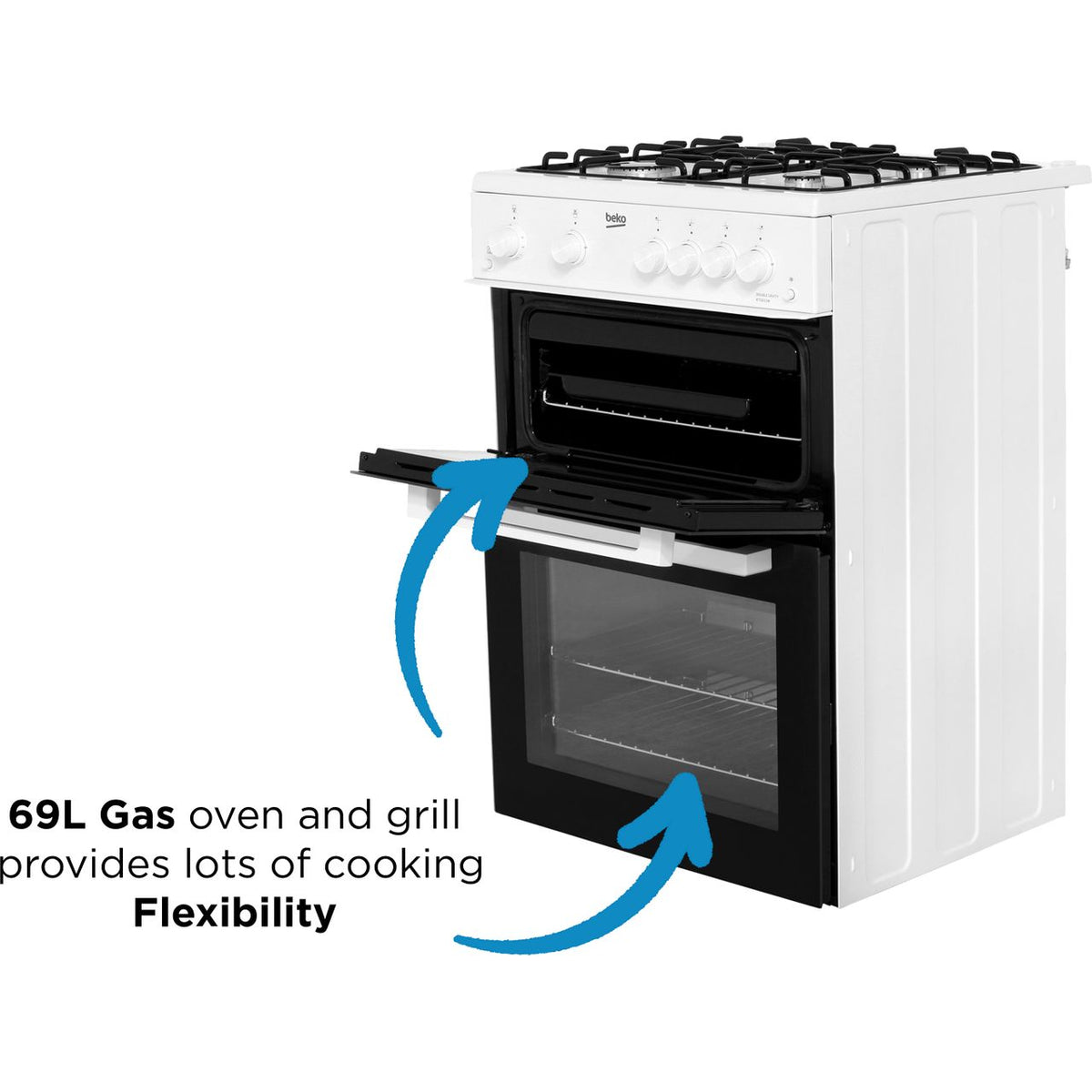 Beko KTG611W 60cm Gas Cooker with Full Width Gas Grill - White - A+ Rated