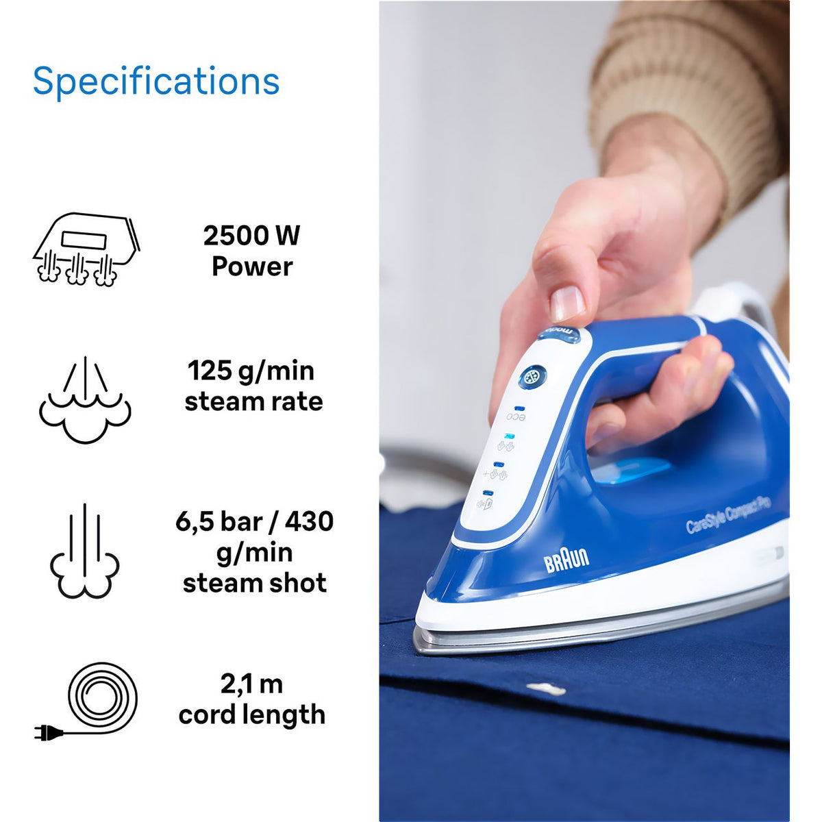 Braun CareStyle Compact Pro IS2565BL Pressurised Steam Generator Iron - White - Blue