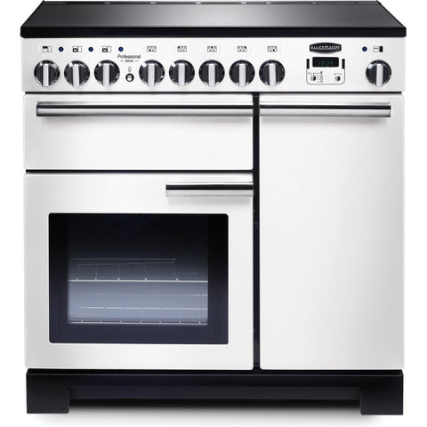 Rangemaster Professional Deluxe PDL90EIWH-C 90cm Electric Range Cooker with Induction Hob - White - Chrome - A-A Rated