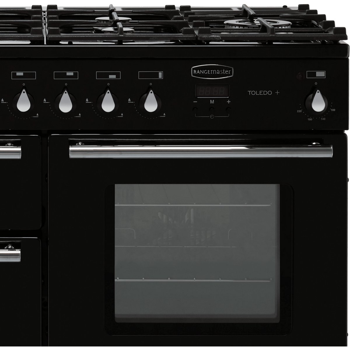 Rangemaster Toledo + TOLP110DFFGB-C 110cm Dual Fuel Range Cooker - Black - Chrome - A-A Rated