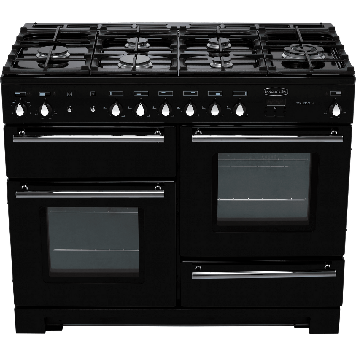 Rangemaster Toledo + TOLP110DFFGB-C 110cm Dual Fuel Range Cooker - Black - Chrome - A-A Rated