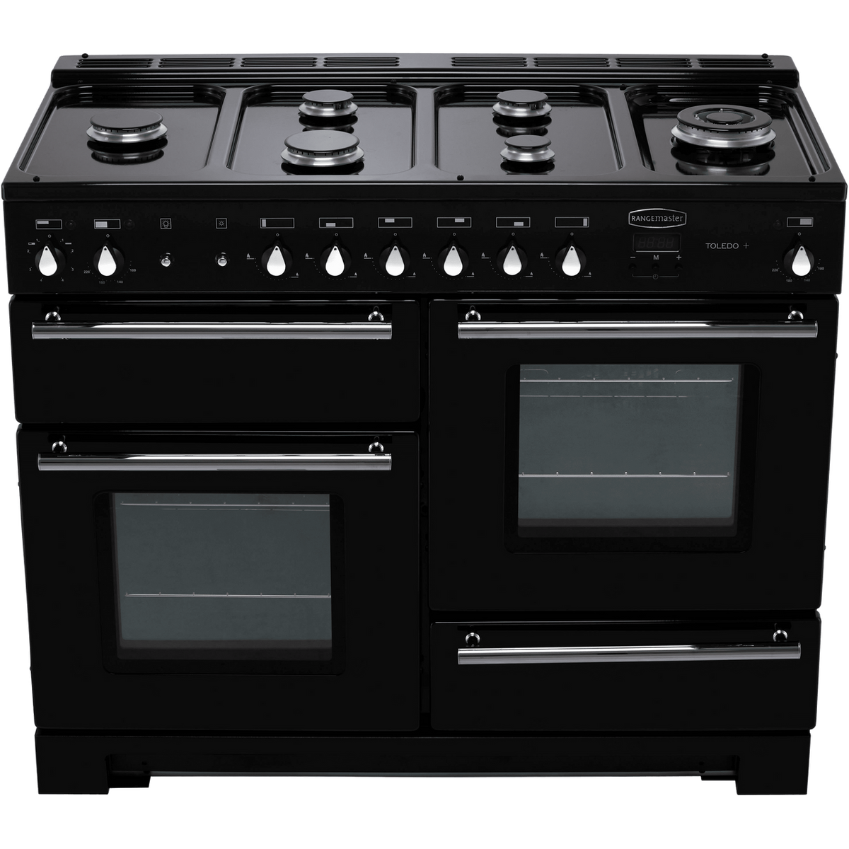 Rangemaster Toledo + TOLP110DFFGB-C 110cm Dual Fuel Range Cooker - Black - Chrome - A-A Rated