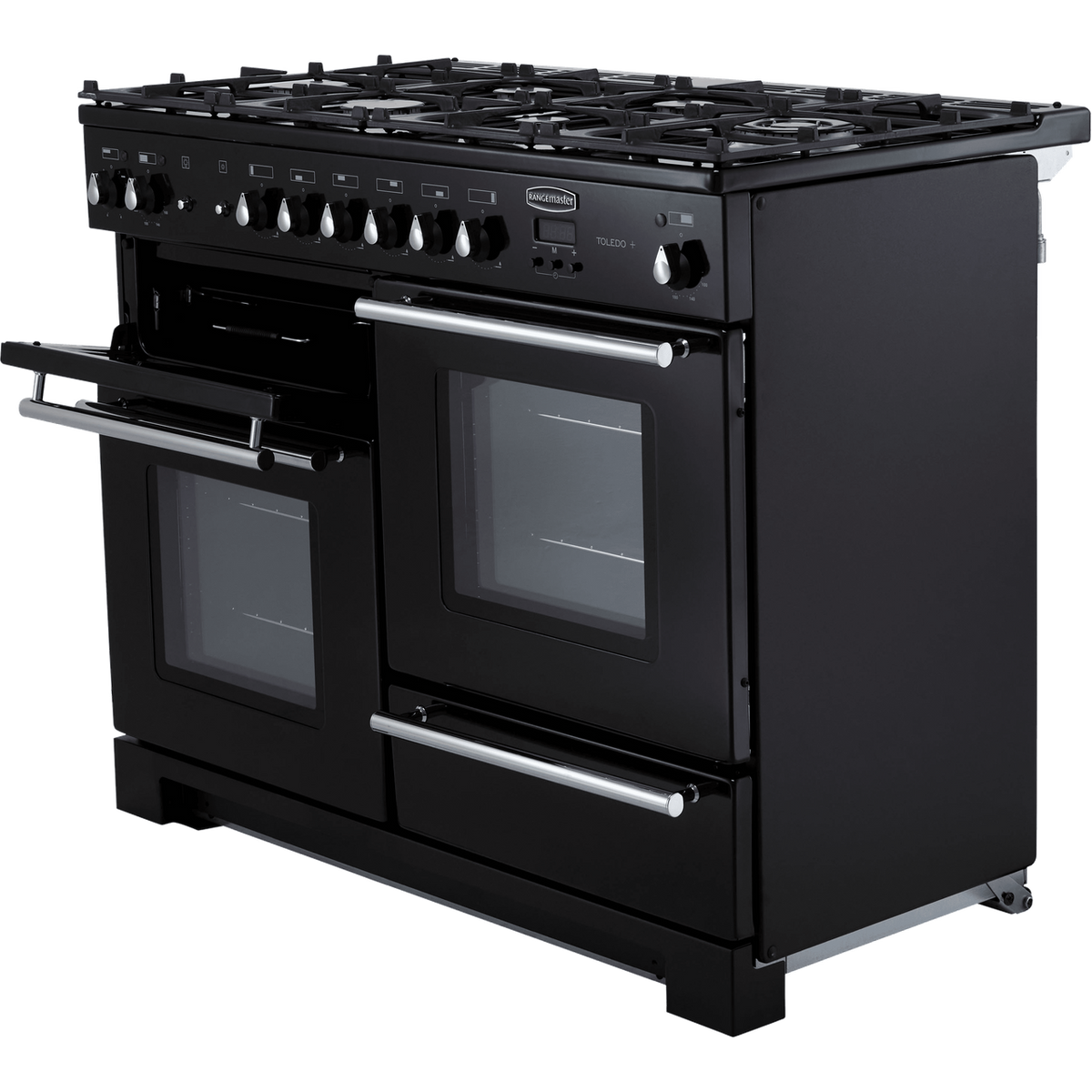 Rangemaster Toledo + TOLP110DFFGB-C 110cm Dual Fuel Range Cooker - Black - Chrome - A-A Rated