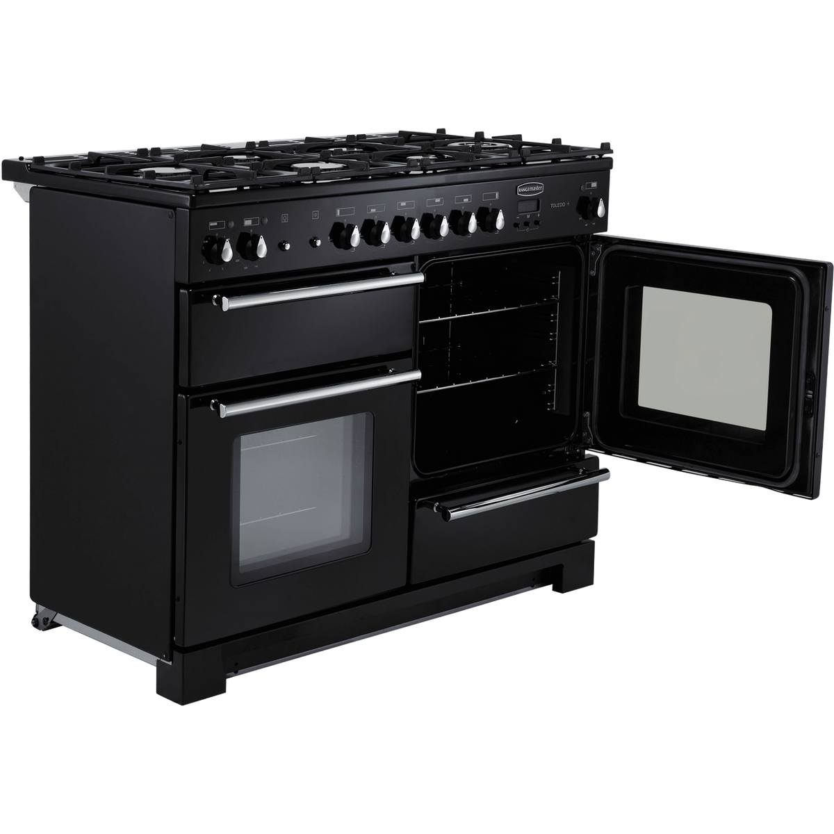 Rangemaster Toledo + TOLP110DFFGB-C 110cm Dual Fuel Range Cooker - Black - Chrome - A-A Rated