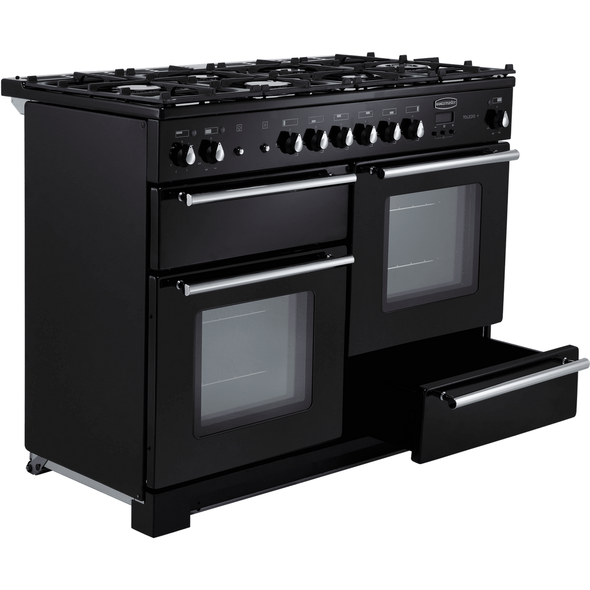 Rangemaster Toledo + TOLP110DFFGB-C 110cm Dual Fuel Range Cooker - Black - Chrome - A-A Rated