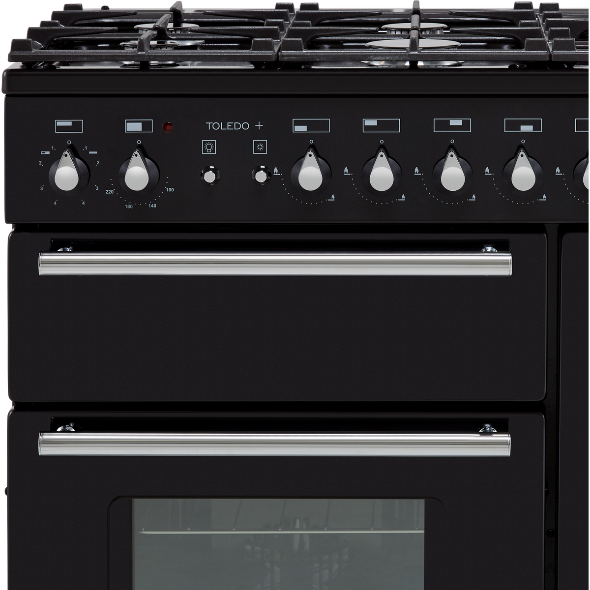 Rangemaster Toledo + TOLP90DFFGB-C 90cm Dual Fuel Range Cooker - Black - Chrome - A-A Rated