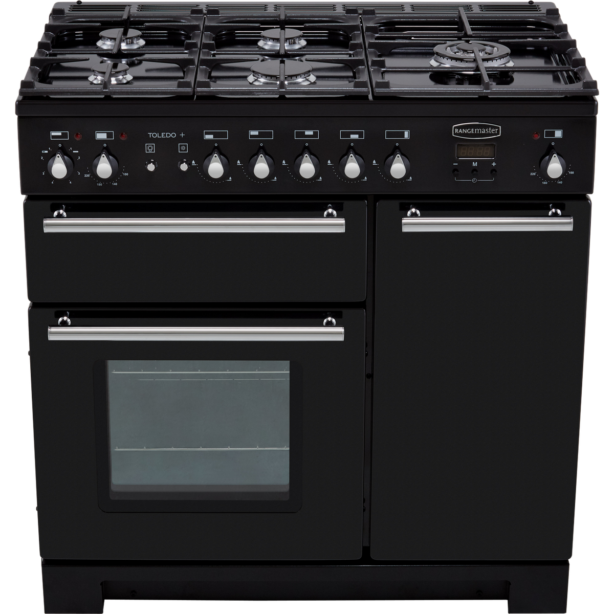 Rangemaster Toledo + TOLP90DFFGB-C 90cm Dual Fuel Range Cooker - Black - Chrome - A-A Rated