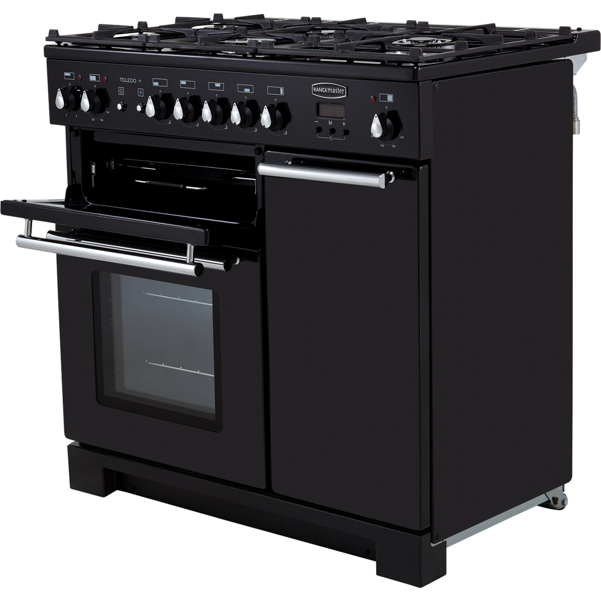 Rangemaster Toledo + TOLP90DFFGB-C 90cm Dual Fuel Range Cooker - Black - Chrome - A-A Rated