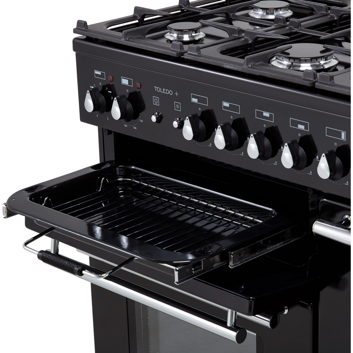 Rangemaster Toledo + TOLP90DFFGB-C 90cm Dual Fuel Range Cooker - Black - Chrome - A-A Rated