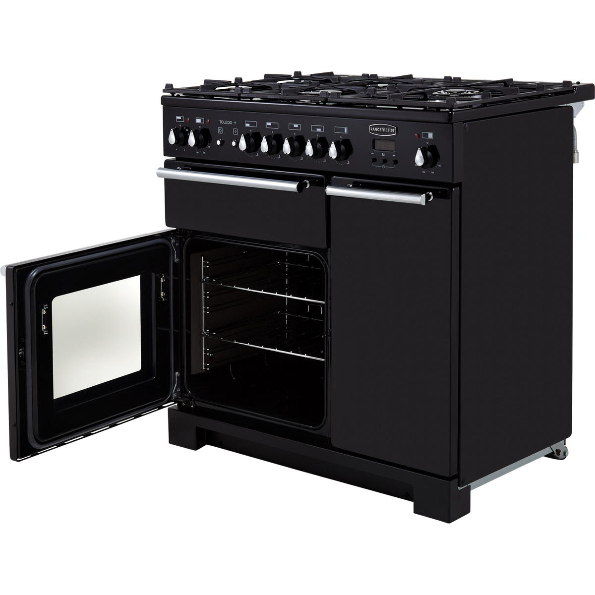 Rangemaster Toledo + TOLP90DFFGB-C 90cm Dual Fuel Range Cooker - Black - Chrome - A-A Rated