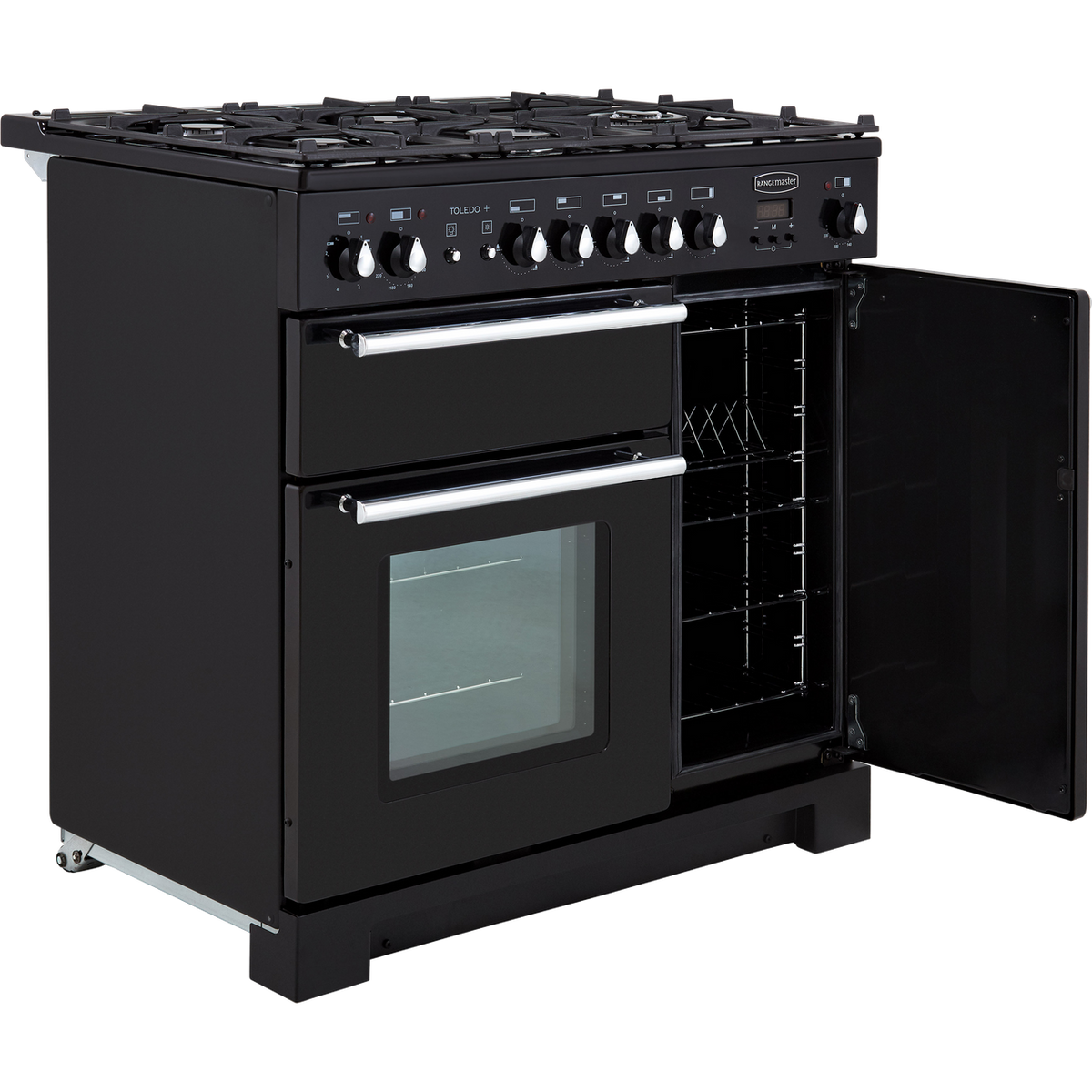 Rangemaster Toledo + TOLP90DFFGB-C 90cm Dual Fuel Range Cooker - Black - Chrome - A-A Rated