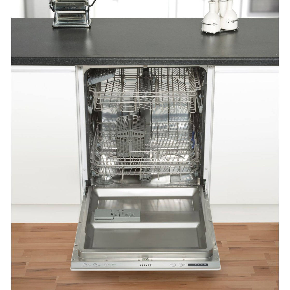 Stoves SDW60 Fully Integrated Standard Dishwasher - Silver Control Panel with Fixed Door Fixing Kit - D Rated