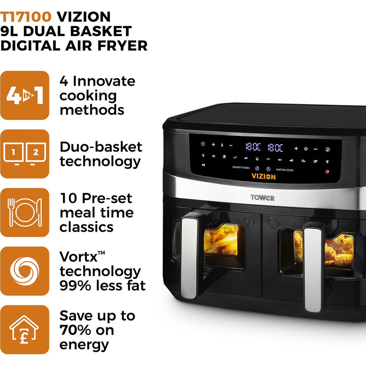 Tower Vortx Vizion 9L Dual Basket T17100 Air Fryer - Black