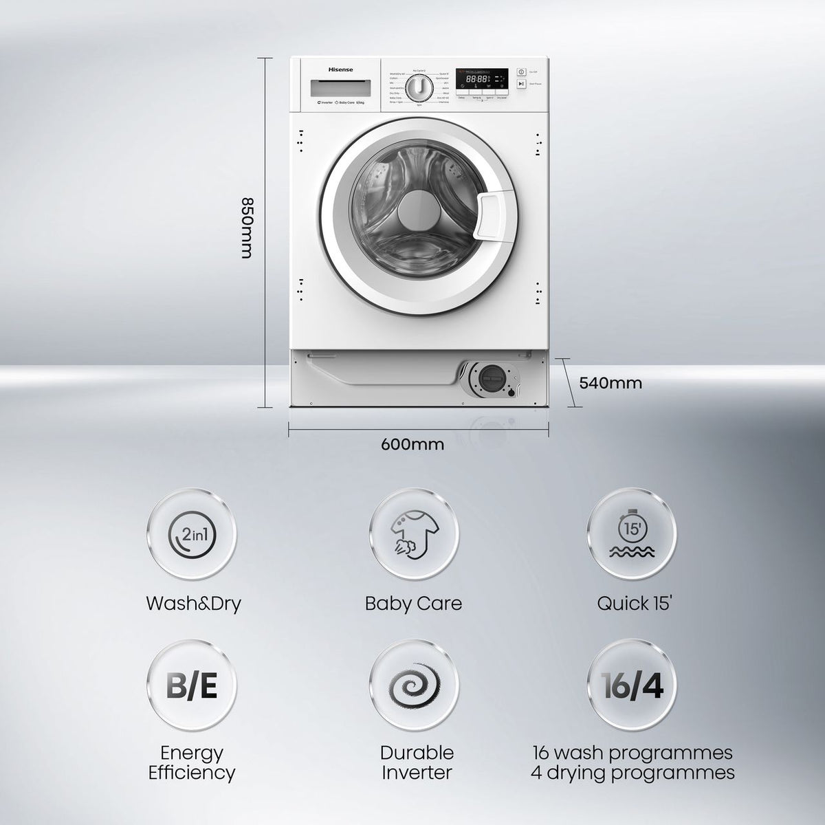 Hisense 3 Series WD3M841BWI Integrated 8Kg - 6Kg Washer Dryer with 1400 rpm - White - E Rated