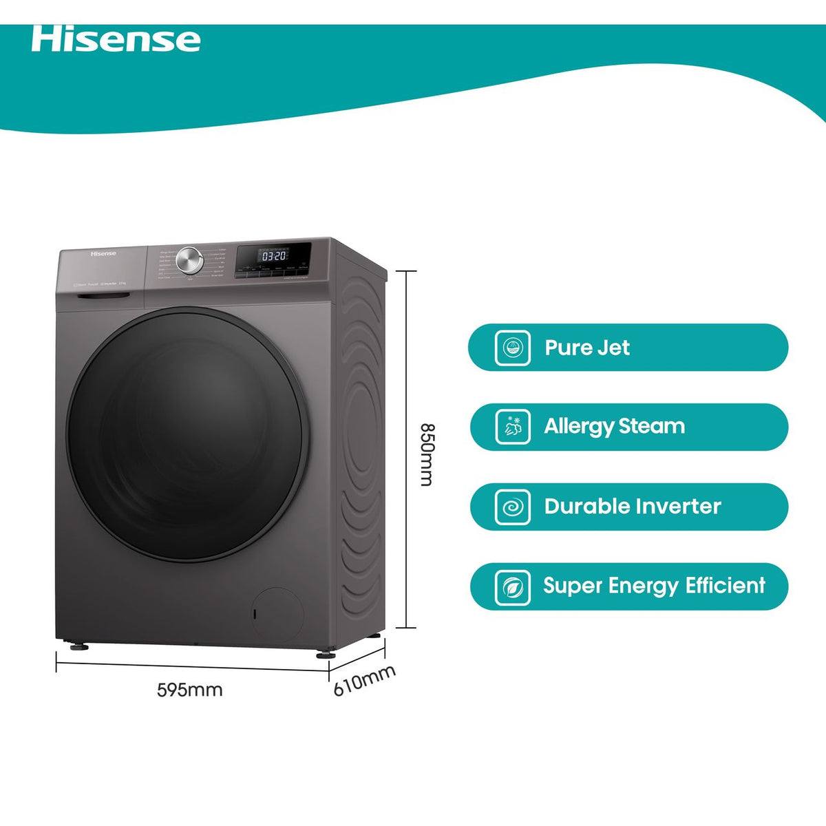 Hisense 3 Series WFQA1014EVJMT 10kg Washing Machine with 1400 rpm - Titanium - A Rated