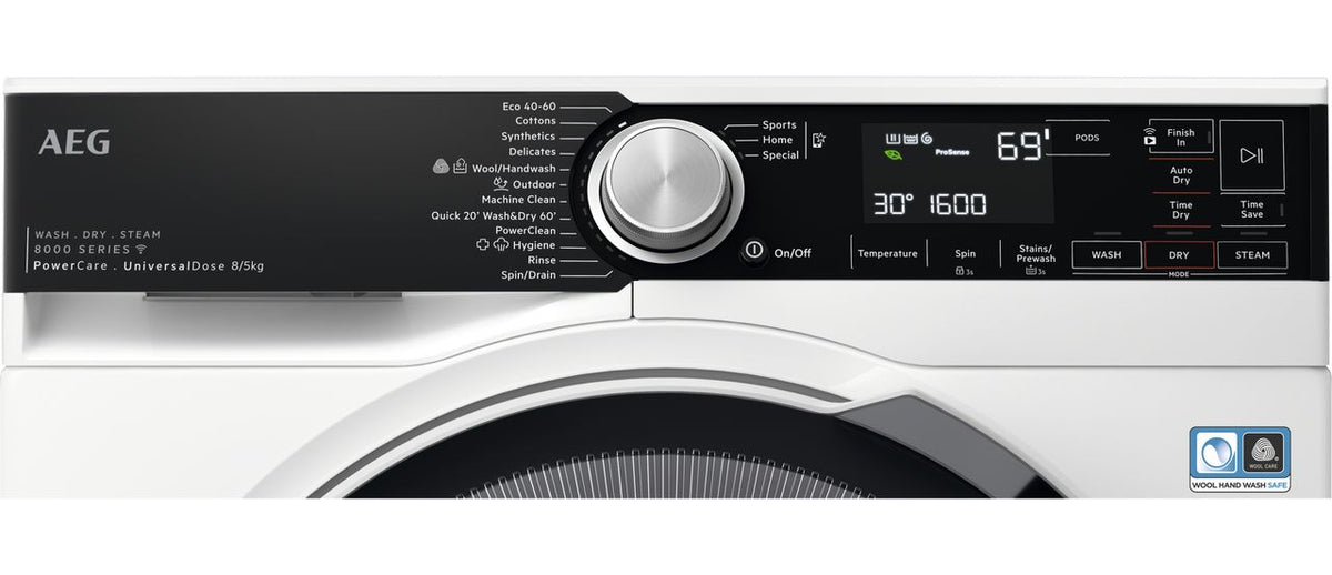 AEG PowerClean LWR8585M5UD Wifi Connected 8Kg - 5Kg Washer Dryer with 1600 rpm - White - D Rated