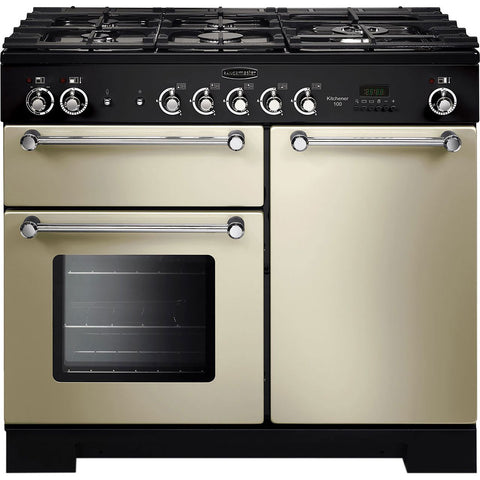 Rangemaster Kitchener KCH100DFFCR-C 100cm Dual Fuel Range Cooker - Cream - Chrome - A-A Rated