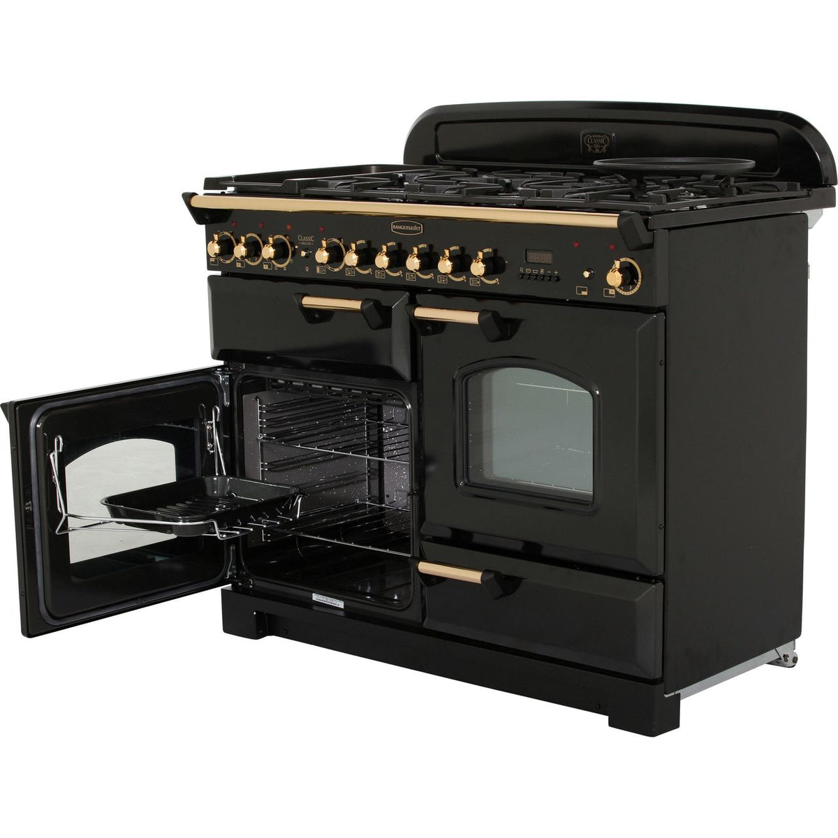 Rangemaster Classic Deluxe CDL110DFFBL-B 110cm Dual Fuel Range Cooker - Black - Brass - A-A Rated