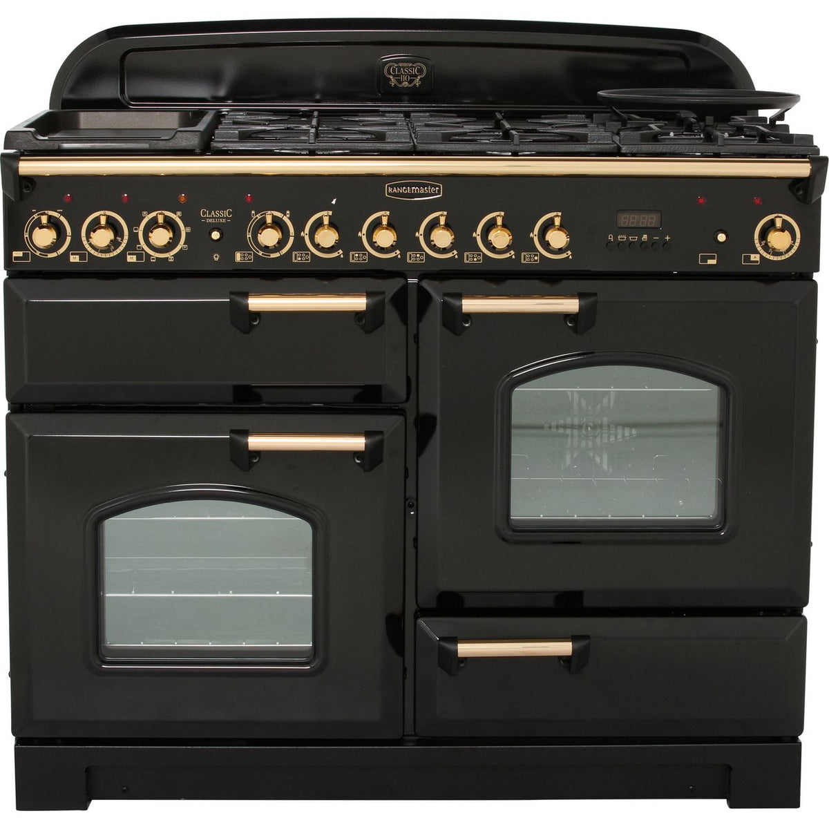 Rangemaster Classic Deluxe CDL110DFFBL-B 110cm Dual Fuel Range Cooker - Black - Brass - A-A Rated