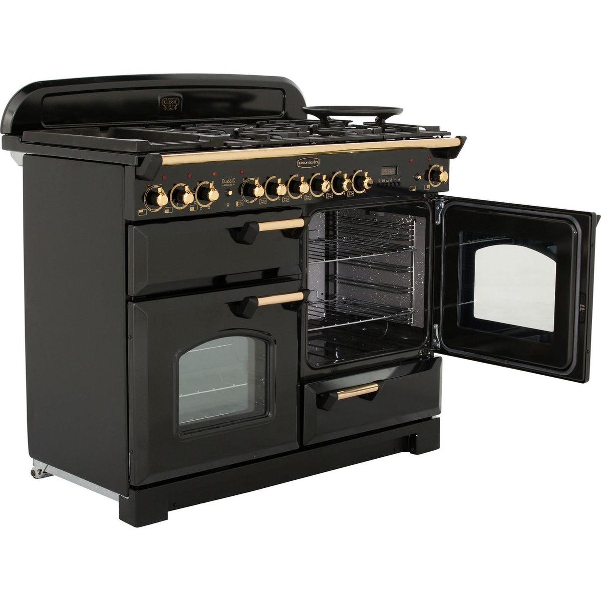 Rangemaster Classic Deluxe CDL110DFFBL-B 110cm Dual Fuel Range Cooker - Black - Brass - A-A Rated