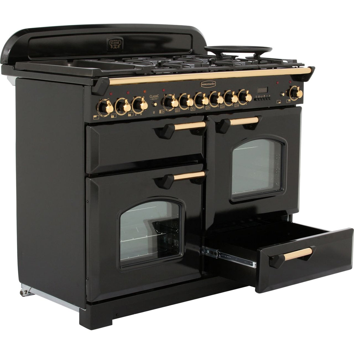 Rangemaster Classic Deluxe CDL110DFFBL-B 110cm Dual Fuel Range Cooker - Black - Brass - A-A Rated