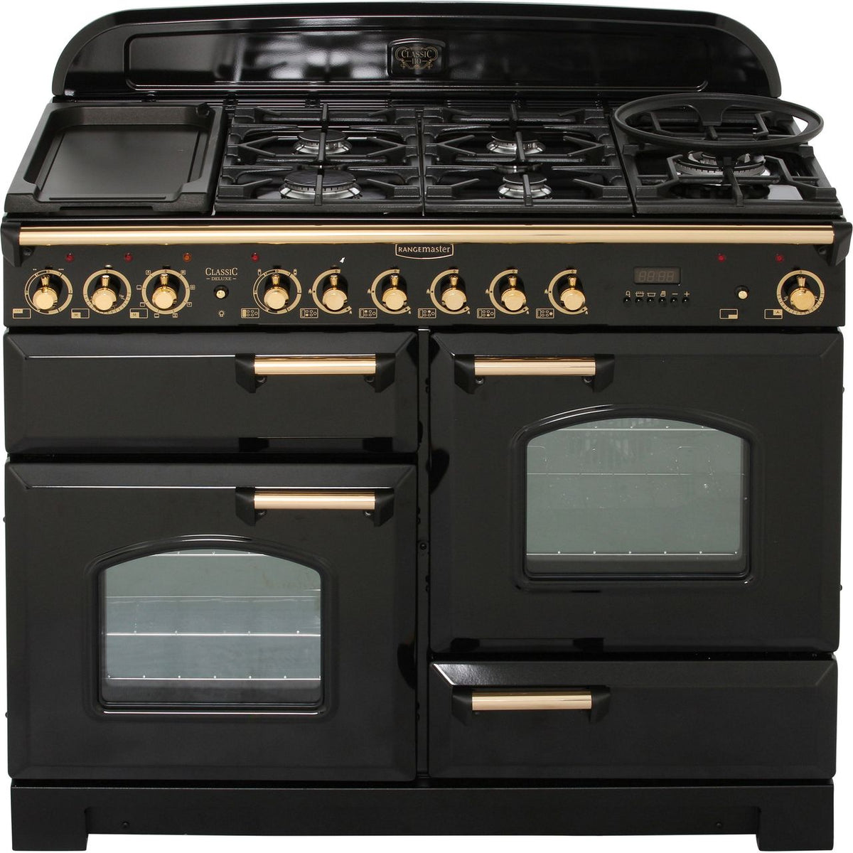 Rangemaster Classic Deluxe CDL110DFFBL-B 110cm Dual Fuel Range Cooker - Black - Brass - A-A Rated