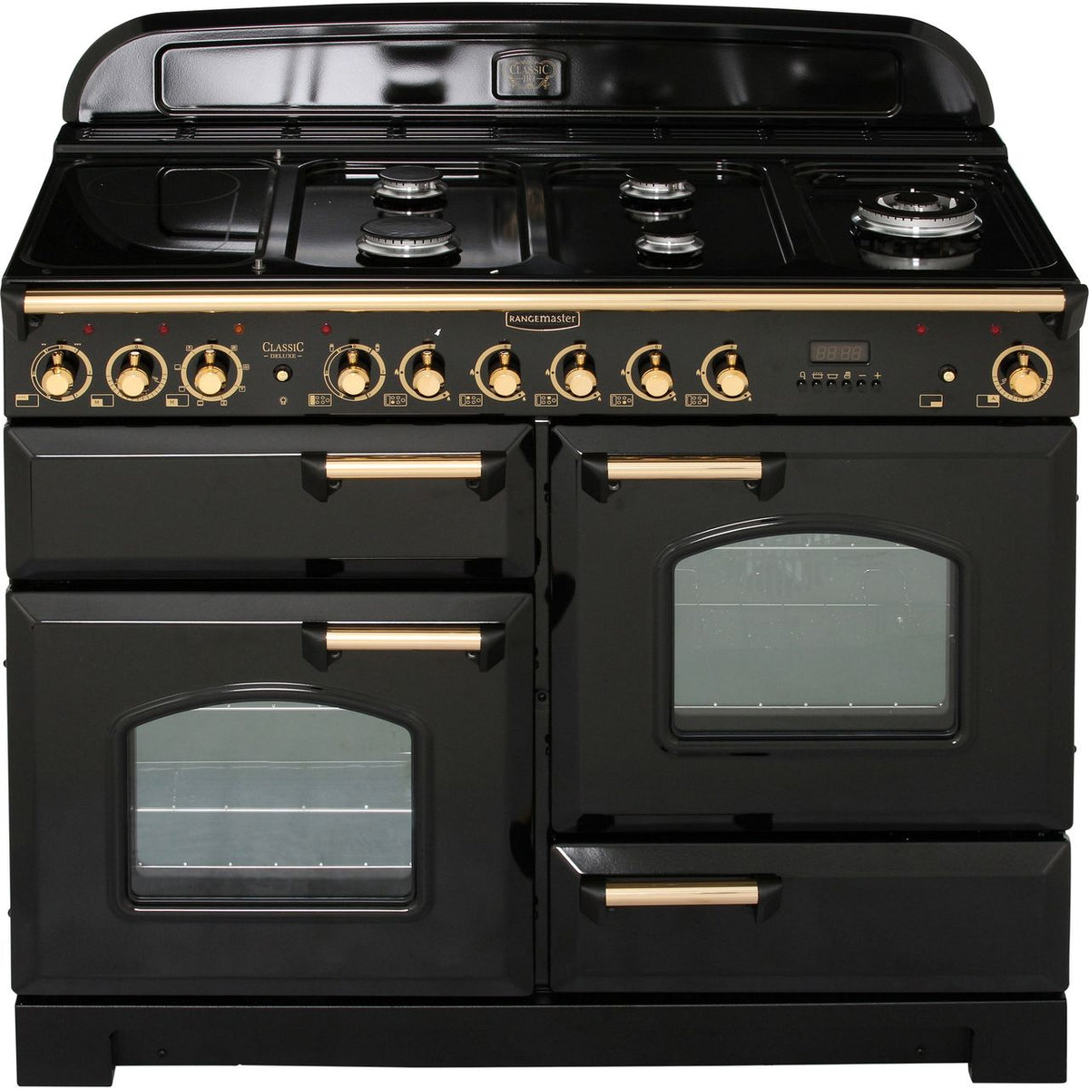 Rangemaster Classic Deluxe CDL110DFFBL-B 110cm Dual Fuel Range Cooker - Black - Brass - A-A Rated