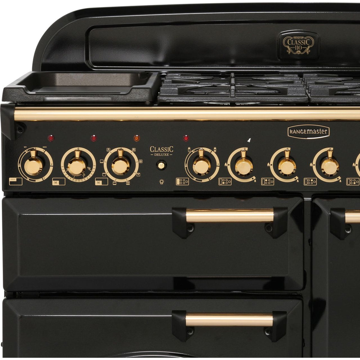 Rangemaster Classic Deluxe CDL110DFFBL-B 110cm Dual Fuel Range Cooker - Black - Brass - A-A Rated