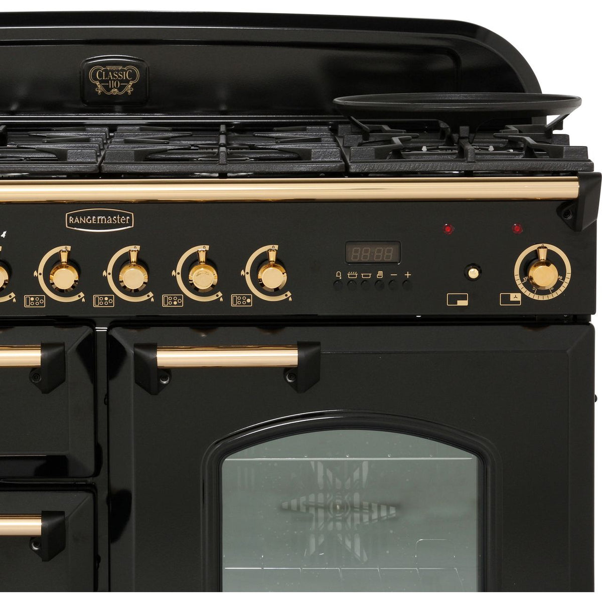 Rangemaster Classic Deluxe CDL110DFFBL-B 110cm Dual Fuel Range Cooker - Black - Brass - A-A Rated